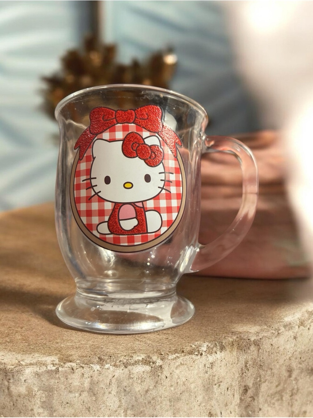 Hello Kitty Clear Glass Mug with Red Gingham Decal